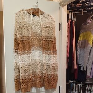 Elegant Open Knit Cardigan Sweater - Cream and Brown